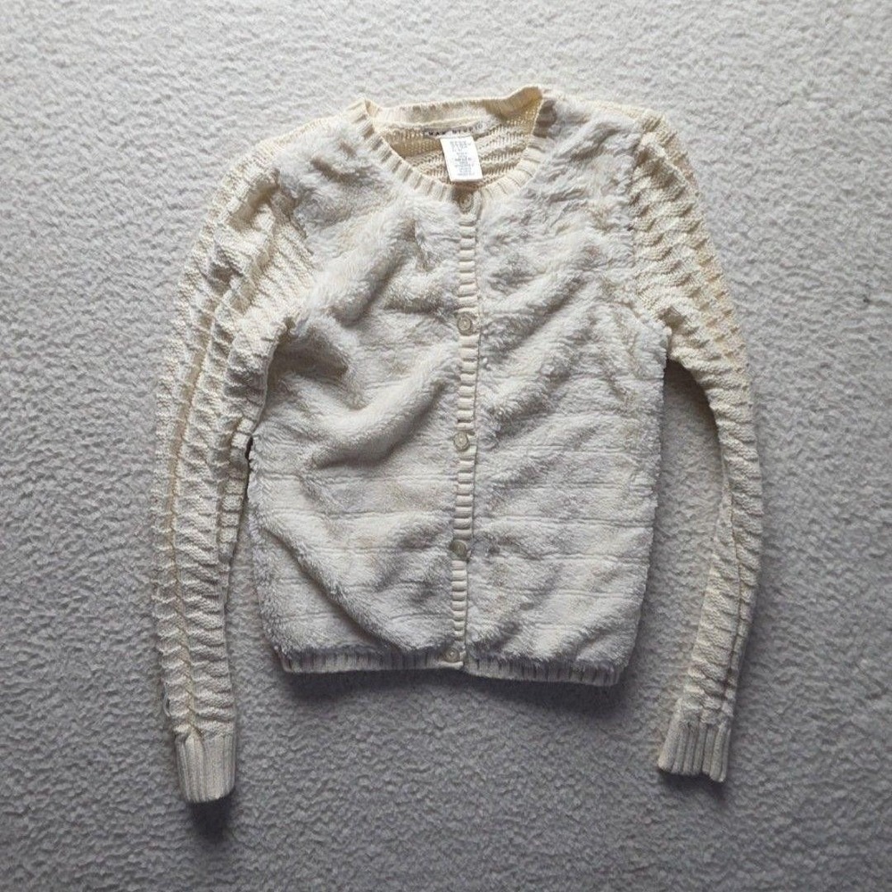 Max Studio Cardigan Sweater Girls Medium 10-12 White Faux Fur Front Knit Button